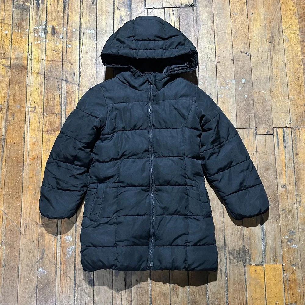 Gap‎ Parka Jacket Kids Small Black Regular Fit Long Sleeve Hooded Full Zipper